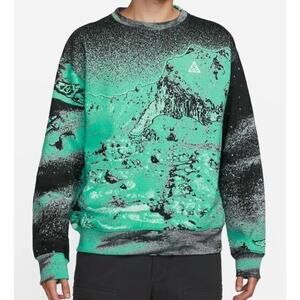 Nike ACG Therma-Fit All Over Print Mt. Hood Crew Sweater Size Small Green Black
